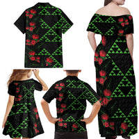 Hawaiian Green Kakau Art Tattoo-Ohia Lehua and Taro Leaves Family Matching Off Shoulder Maxi Dress and Hawaiian Shirt LT03 - Polynesian Pride