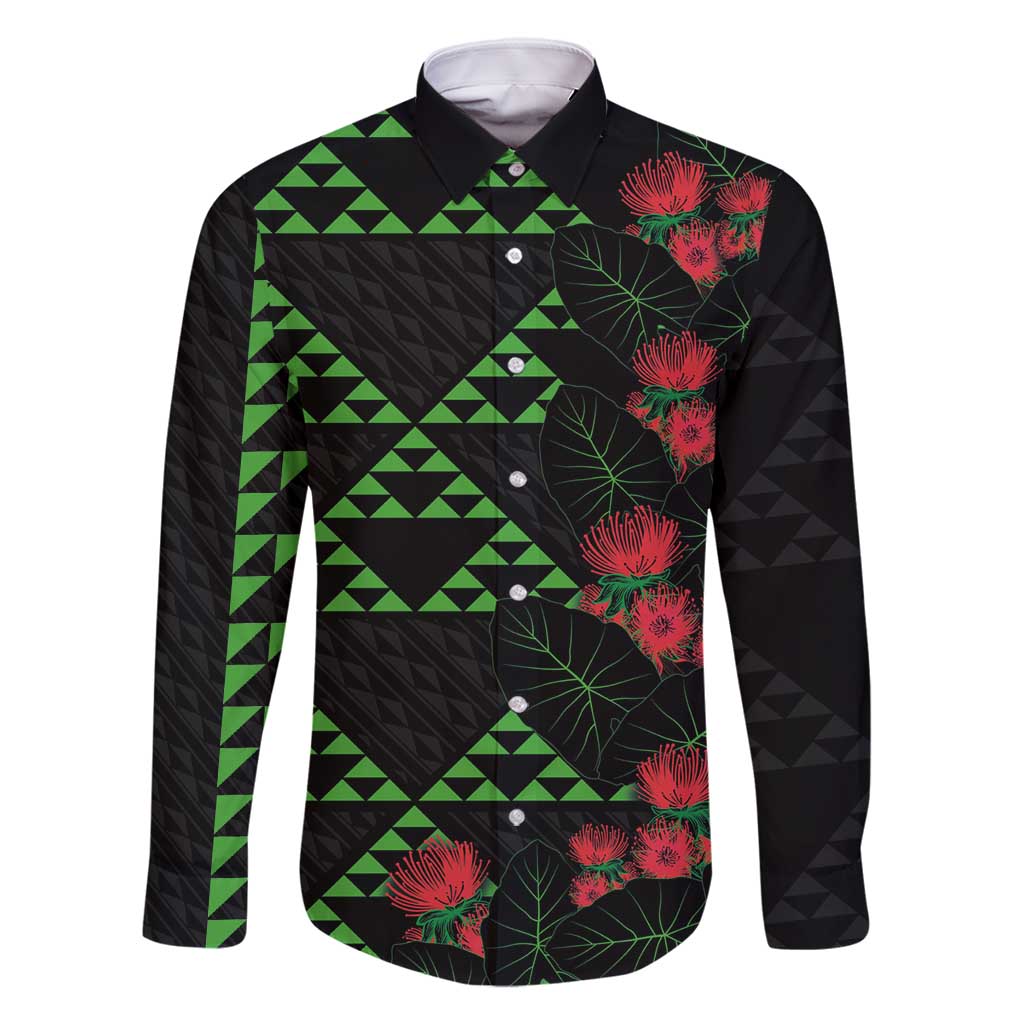Hawaiian Green Kakau Art Tattoo-Ohia Lehua and Taro Leaves Family Matching Off Shoulder Maxi Dress and Hawaiian Shirt LT03 Dad's Shirt - Long Sleeve Black-Green - Polynesian Pride