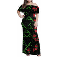 Hawaiian Green Kakau Art Tattoo-Ohia Lehua and Taro Leaves Family Matching Off Shoulder Maxi Dress and Hawaiian Shirt LT03 Mom's Dress Black-Green - Polynesian Pride