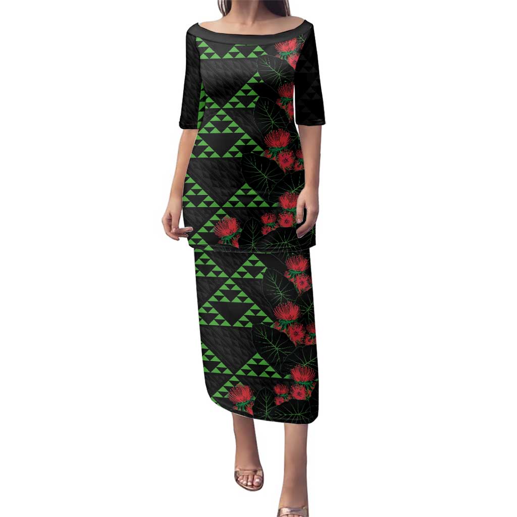 Hawaiian Green Kakau Art Tattoo-Ohia Lehua and Taro Leaves Family Matching Puletasi and Hawaiian Shirt LT03 Mom's Dress Black-Green - Polynesian Pride