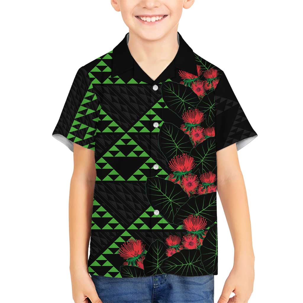 Hawaiian Green Kakau Art Tattoo-Ohia Lehua and Taro Leaves Family Matching Puletasi and Hawaiian Shirt LT03 Son's Shirt Black-Green - Polynesian Pride