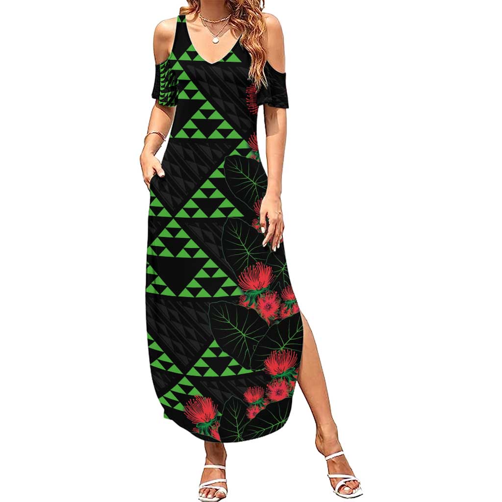 Hawaiian Green Kakau Art Tattoo-Ohia Lehua and Taro Leaves Family Matching Summer Maxi Dress and Hawaiian Shirt