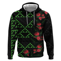 Hawaiian Green Kakau Art Tattoo-Ohia Lehua and Taro Leaves Hoodie LT03 Pullover Hoodie Black-Green - Polynesian Pride