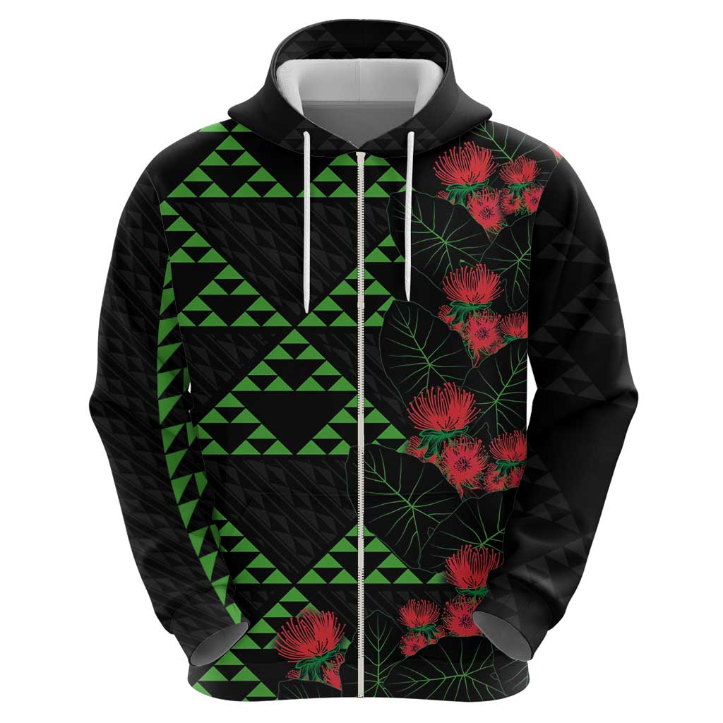 Hawaiian Green Kakau Art Tattoo-Ohia Lehua and Taro Leaves Hoodie LT03 - Polynesian Pride