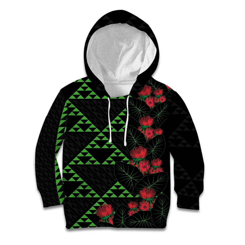Hawaiian Green Kakau Art Tattoo-Ohia Lehua and Taro Leaves Kid Hoodie LT03 Hoodie Black-Green - Polynesian Pride
