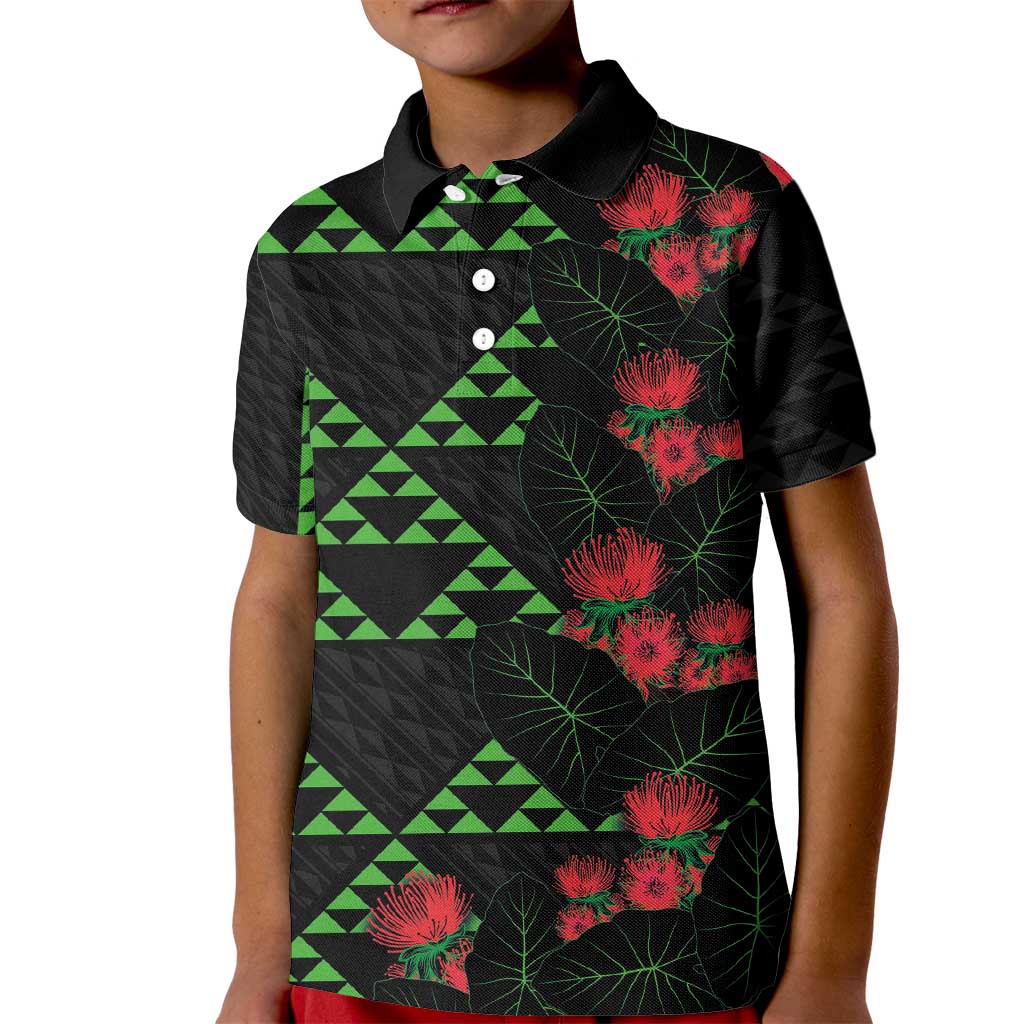 Hawaiian Green Kakau Art Tattoo-Ohia Lehua and Taro Leaves Kid Polo Shirt LT03 Kid Black-Green - Polynesian Pride