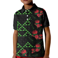Hawaiian Green Kakau Art Tattoo-Ohia Lehua and Taro Leaves Kid Polo Shirt LT03 Kid Black-Green - Polynesian Pride