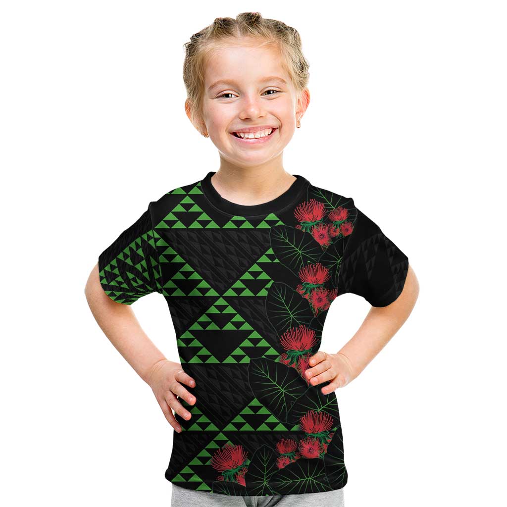 Hawaiian Green Kakau Art Tattoo-Ohia Lehua and Taro Leaves Kid T Shirt LT03 Black-Green - Polynesian Pride