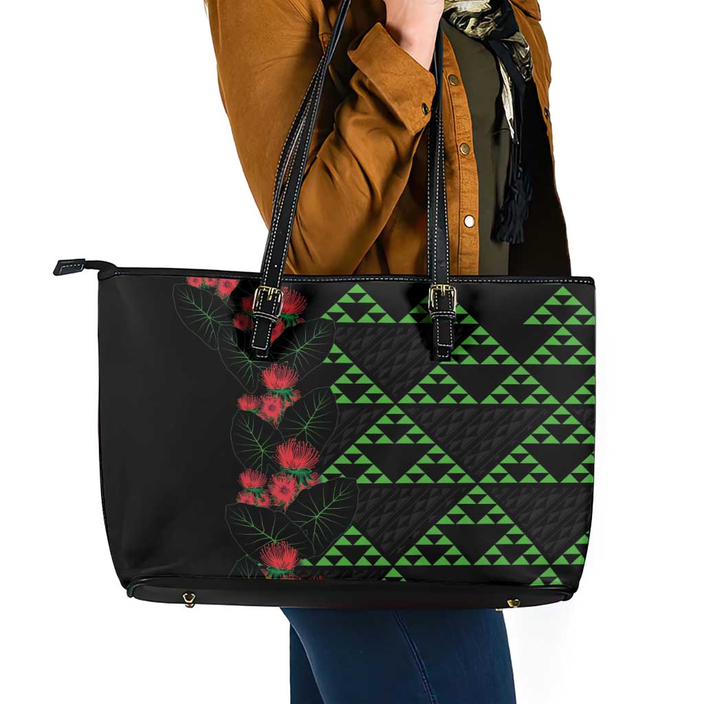 Hawaiian Green Kakau Art Tattoo-Ohia Lehua and Taro Leaves Leather Tote Bag LT03 - Polynesian Pride
