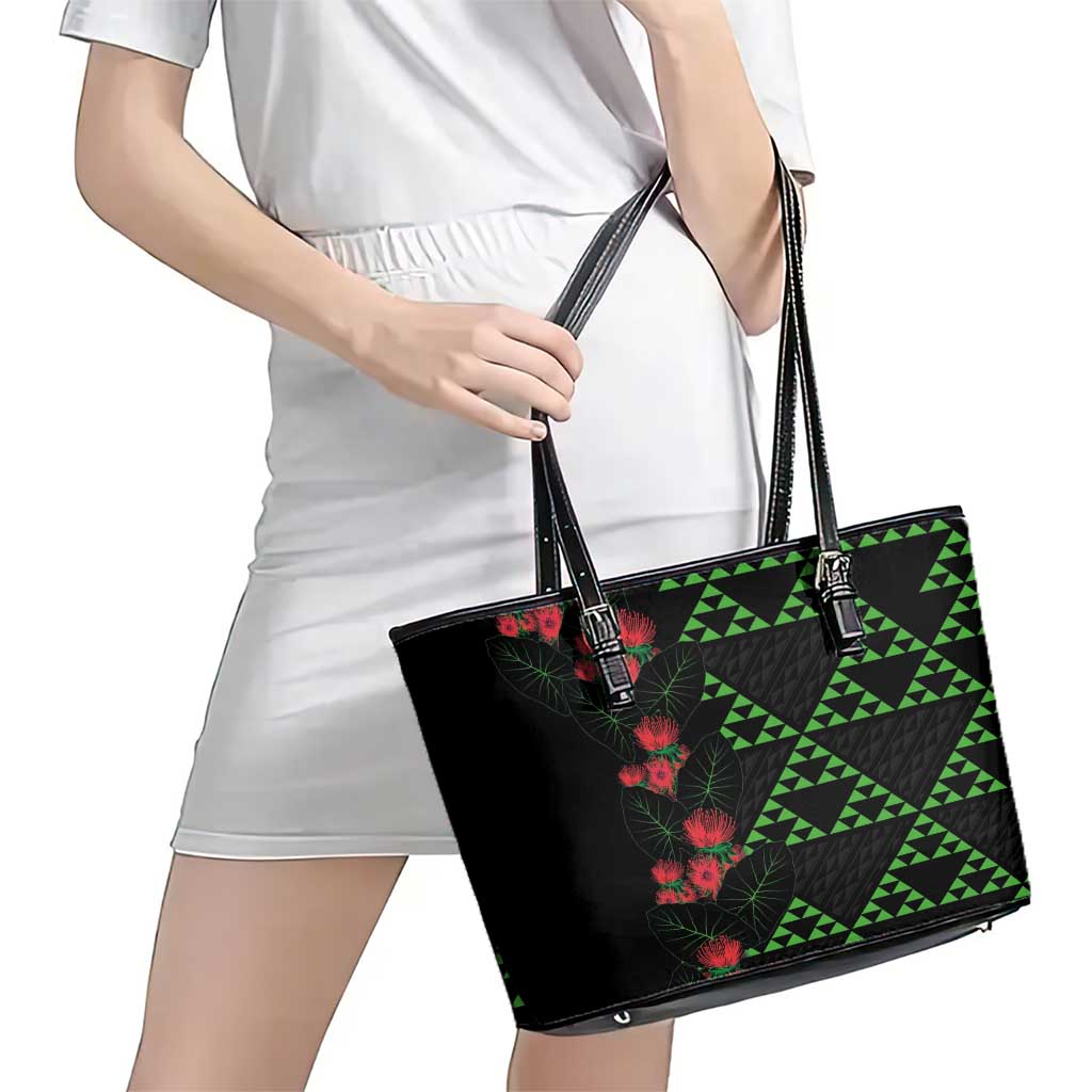 Hawaiian Green Kakau Art Tattoo-Ohia Lehua and Taro Leaves Leather Tote Bag LT03 - Polynesian Pride
