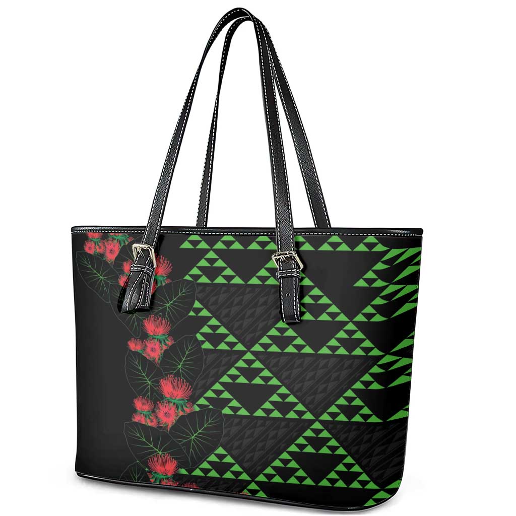 Hawaiian Green Kakau Art Tattoo-Ohia Lehua and Taro Leaves Leather Tote Bag LT03 - Polynesian Pride