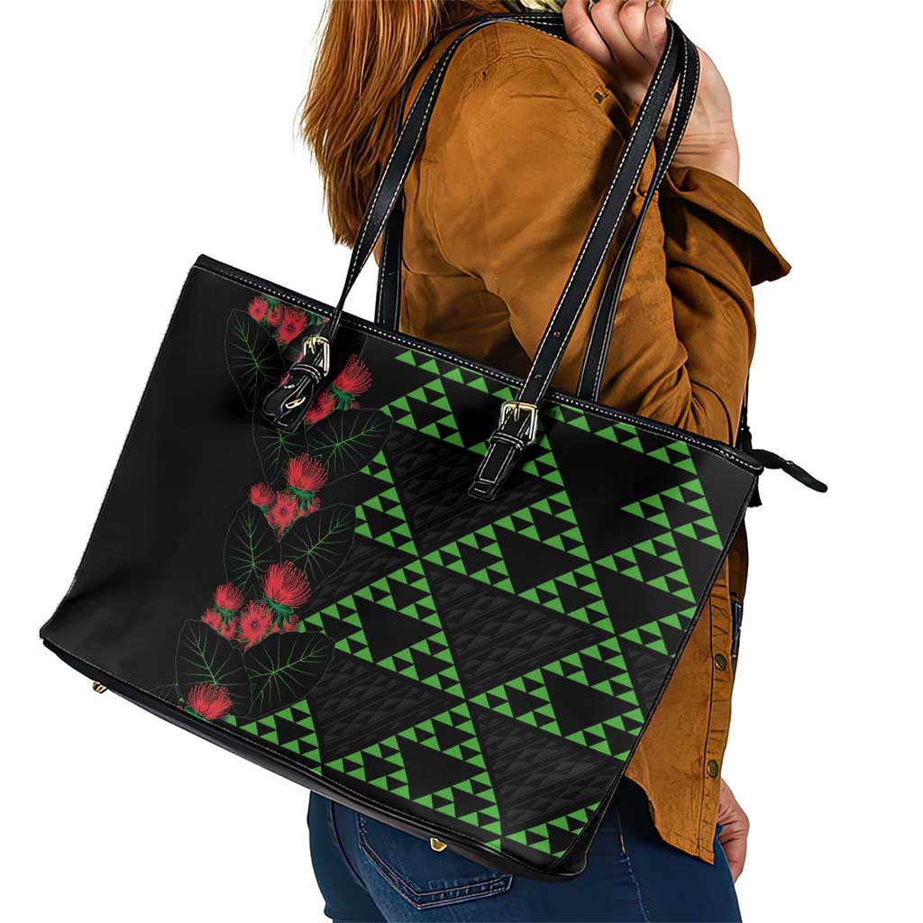 Hawaiian Green Kakau Art Tattoo-Ohia Lehua and Taro Leaves Leather Tote Bag LT03 - Polynesian Pride