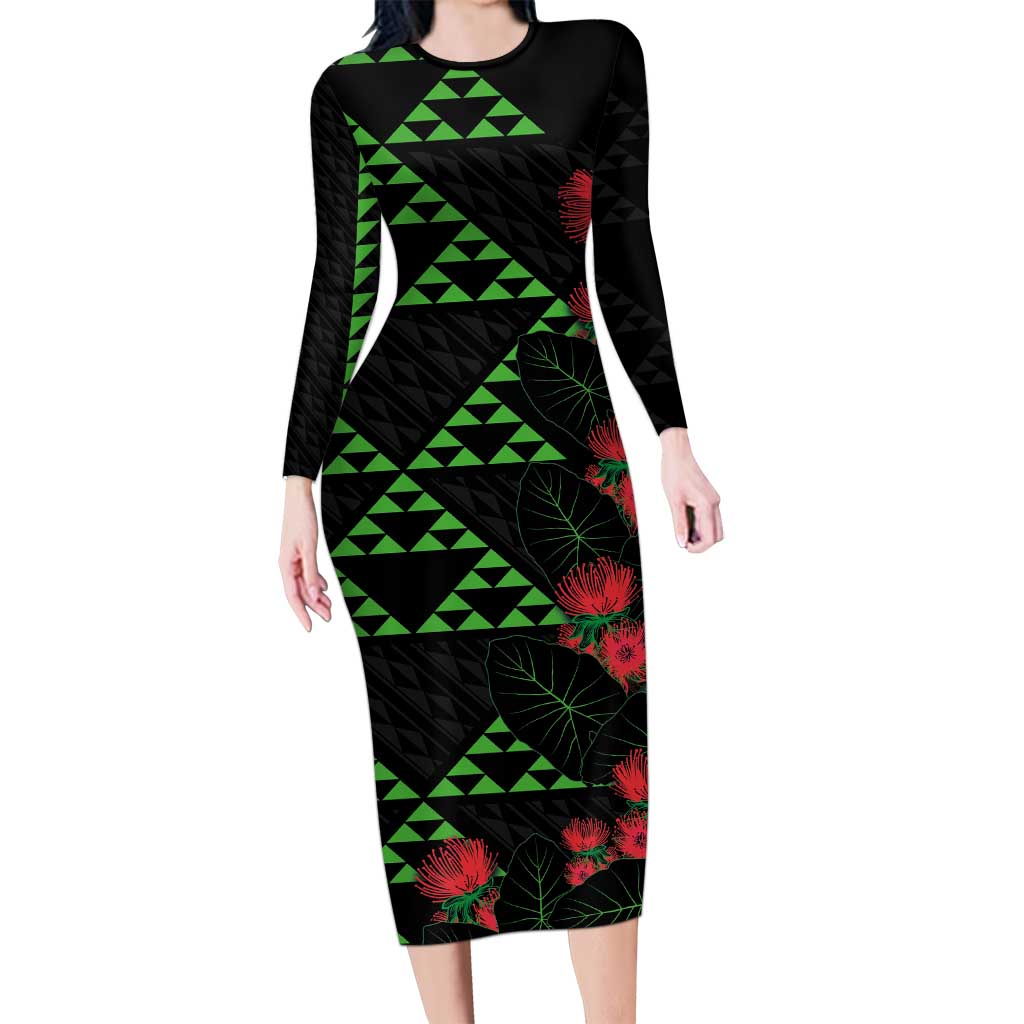 Hawaiian Green Kakau Art Tattoo-Ohia Lehua and Taro Leaves Long Sleeve Bodycon Dress LT03 Long Dress Black-Green - Polynesian Pride