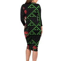 Hawaiian Green Kakau Art Tattoo-Ohia Lehua and Taro Leaves Long Sleeve Bodycon Dress LT03 - Polynesian Pride