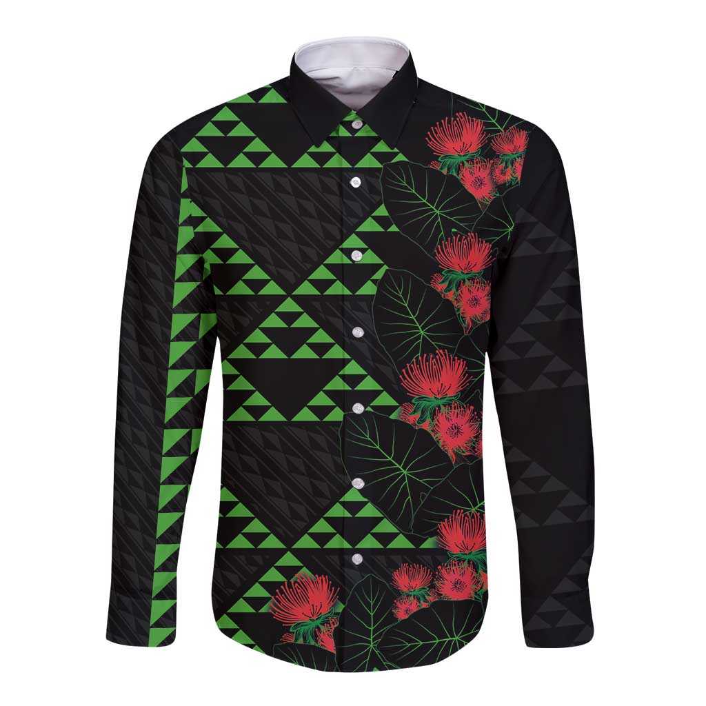 Hawaiian Green Kakau Art Tattoo-Ohia Lehua and Taro Leaves Long Sleeve Button Shirt LT03 Unisex Black-Green - Polynesian Pride