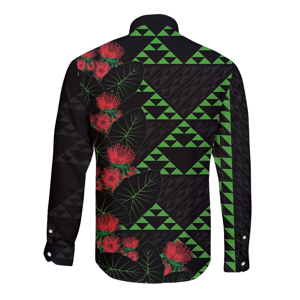 Hawaiian Green Kakau Art Tattoo-Ohia Lehua and Taro Leaves Long Sleeve Button Shirt LT03 - Polynesian Pride