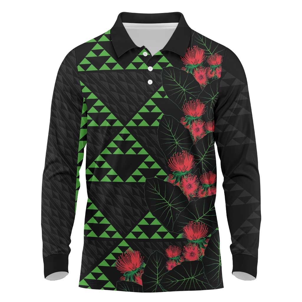 Hawaiian Green Kakau Art Tattoo-Ohia Lehua and Taro Leaves Long Sleeve Polo Shirt LT03 Black-Green - Polynesian Pride