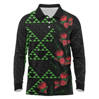 Hawaiian Green Kakau Art Tattoo-Ohia Lehua and Taro Leaves Long Sleeve Polo Shirt LT03 Black-Green - Polynesian Pride