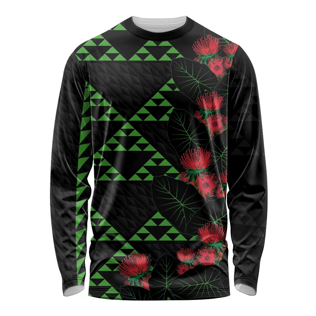 Hawaiian Green Kakau Art Tattoo-Ohia Lehua and Taro Leaves Long Sleeve Shirt LT03 Unisex Black-Green - Polynesian Pride