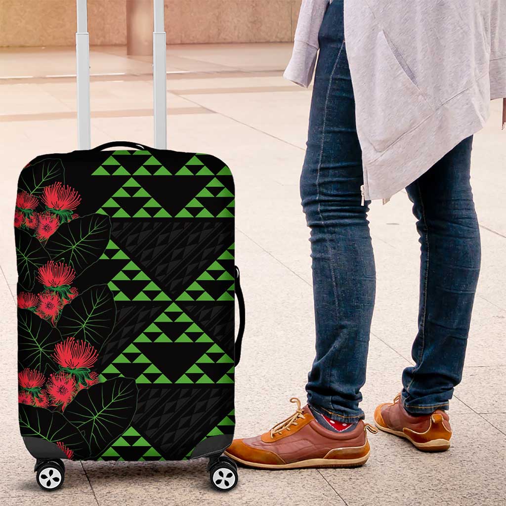 Hawaiian Green Kakau Art Tattoo-Ohia Lehua and Taro Leaves Luggage Cover LT03 Black-Green - Polynesian Pride