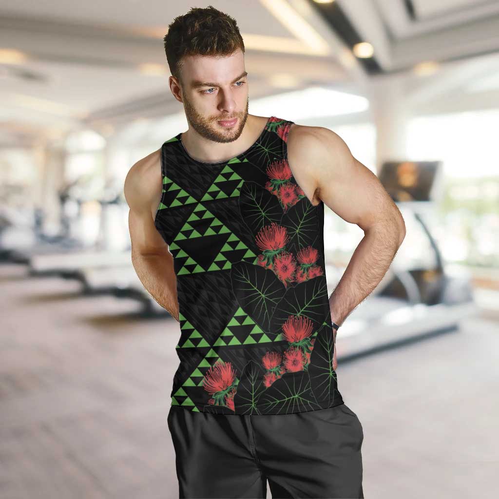 Hawaiian Green Kakau Art Tattoo-Ohia Lehua and Taro Leaves Men Tank Top LT03 Black-Green - Polynesian Pride