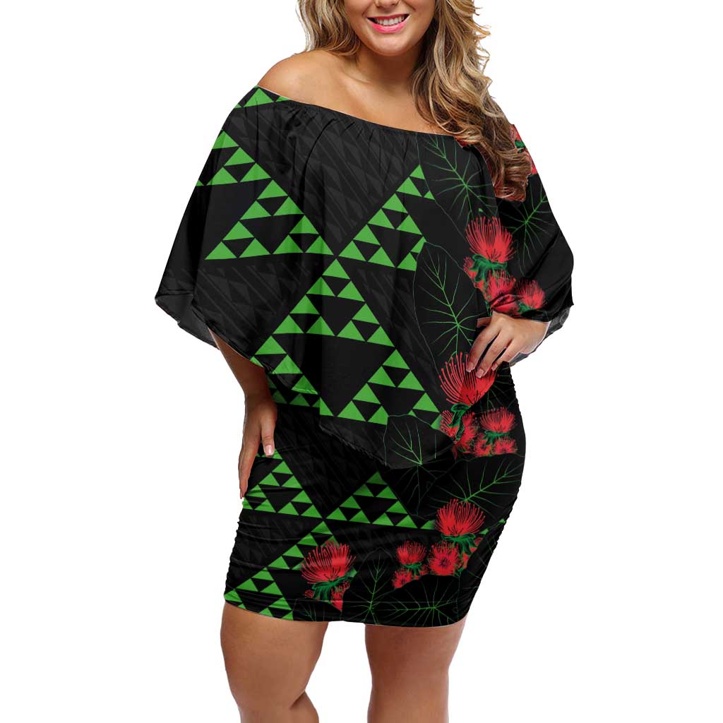 Hawaiian Green Kakau Art Tattoo-Ohia Lehua and Taro Leaves Off Shoulder Short Dress LT03 Women Black-Green - Polynesian Pride