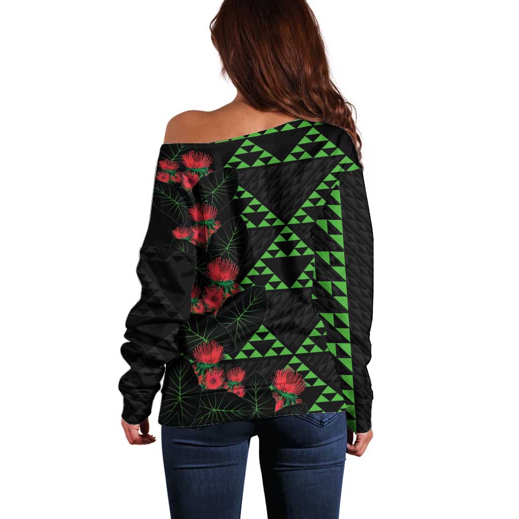 Hawaiian Green Kakau Art Tattoo-Ohia Lehua and Taro Leaves Off Shoulder Sweater LT03 - Polynesian Pride
