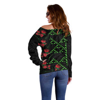 Hawaiian Green Kakau Art Tattoo-Ohia Lehua and Taro Leaves Off Shoulder Sweater LT03 - Polynesian Pride