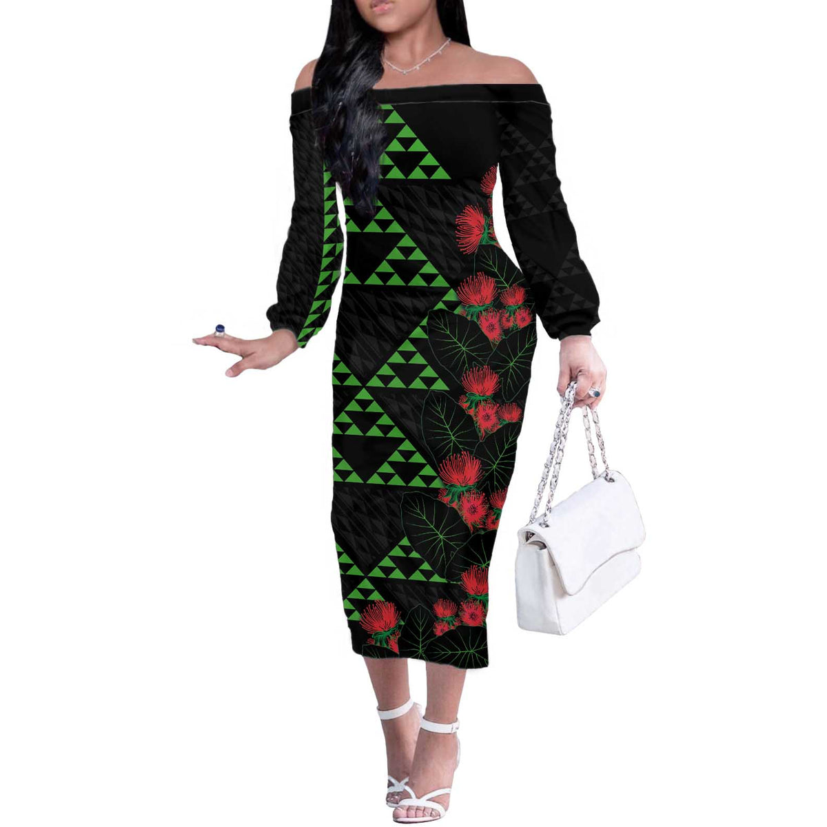 Hawaiian Green Kakau Art Tattoo-Ohia Lehua and Taro Leaves Off The Shoulder Long Sleeve Dress LT03 Women Black-Green - Polynesian Pride
