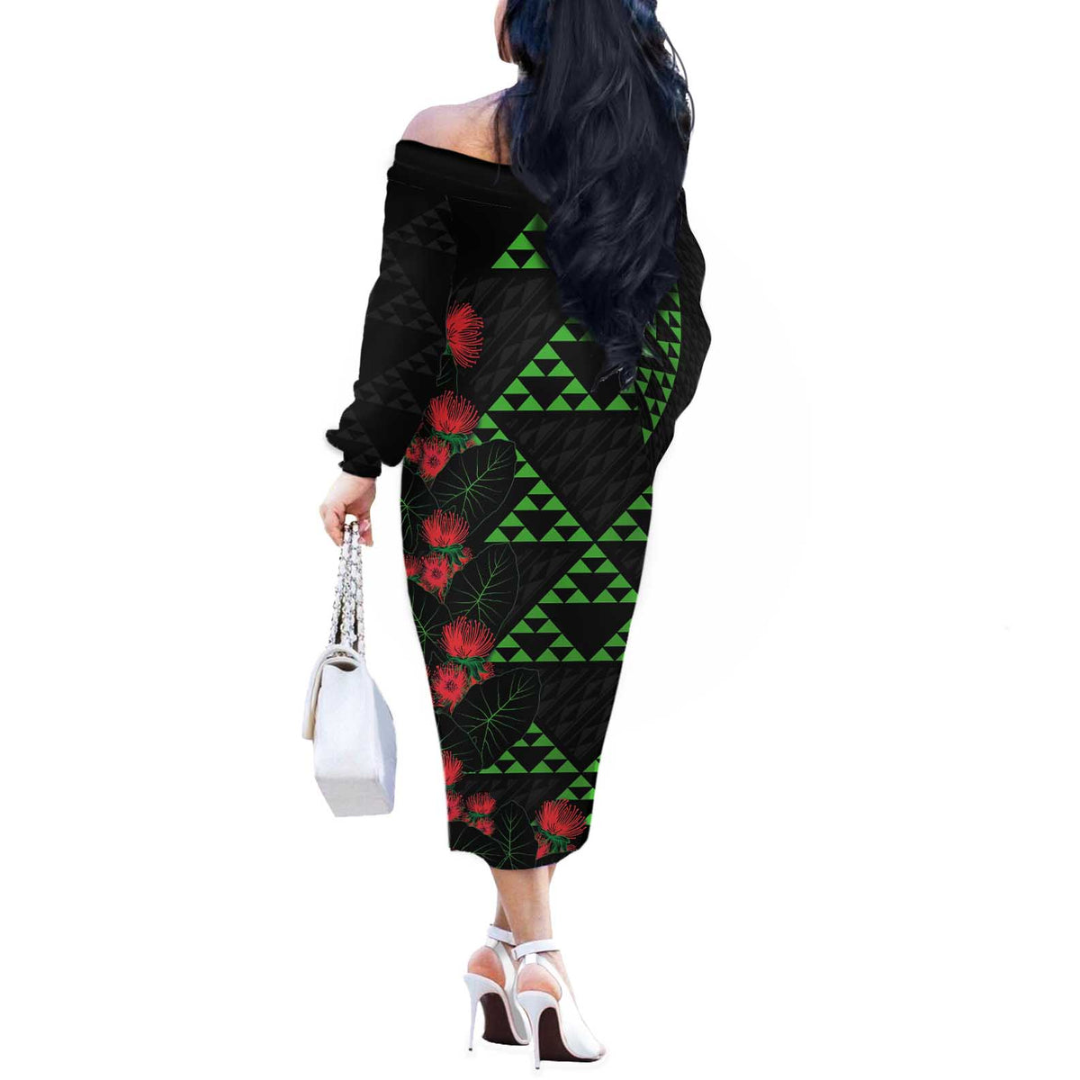 Hawaiian Green Kakau Art Tattoo-Ohia Lehua and Taro Leaves Off The Shoulder Long Sleeve Dress LT03 - Polynesian Pride
