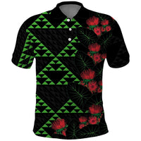 Hawaiian Green Kakau Art Tattoo-Ohia Lehua and Taro Leaves Polo Shirt LT03 Black-Green - Polynesian Pride