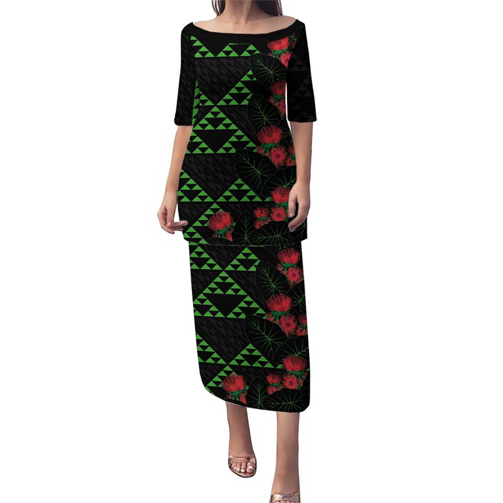 Hawaiian Green Kakau Art Tattoo-Ohia Lehua and Taro Leaves Puletasi LT03 Long Dress Black-Green - Polynesian Pride