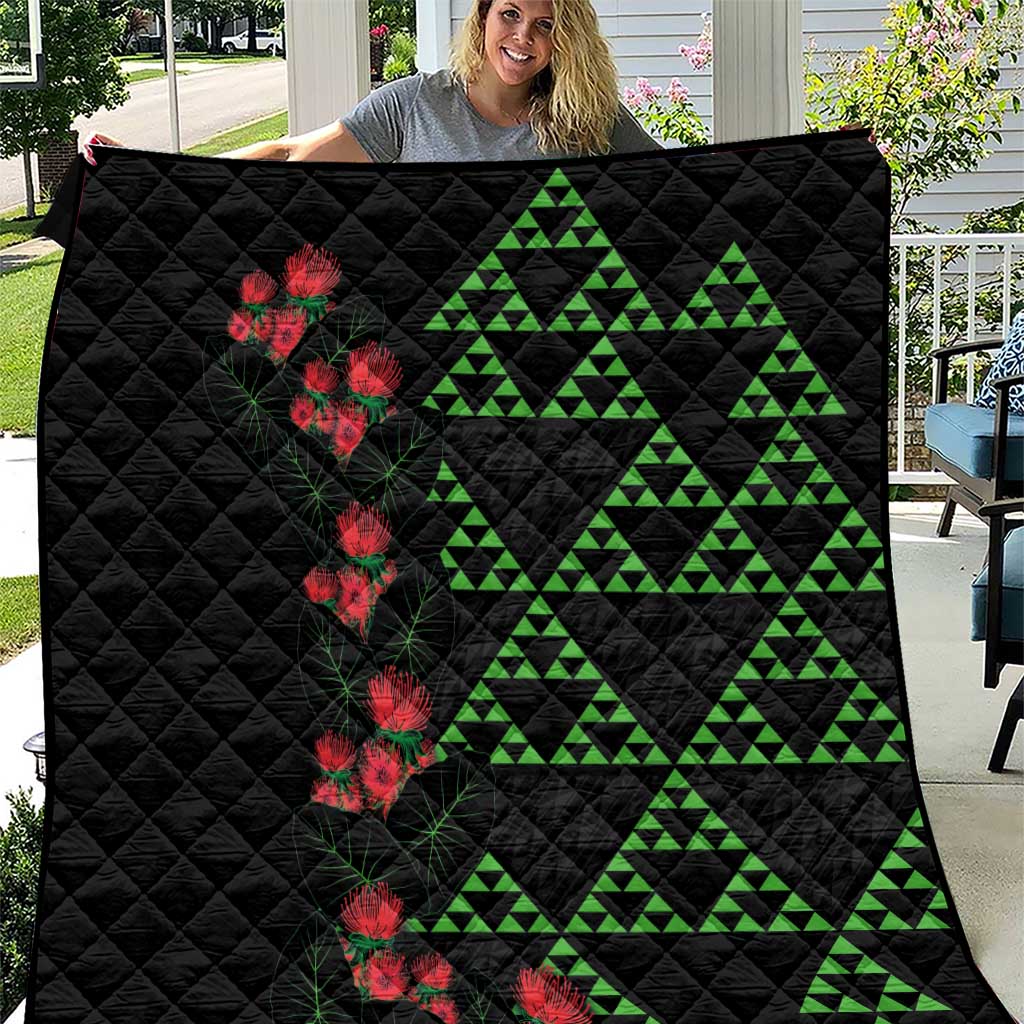 Hawaiian Green Kakau Art Tattoo-Ohia Lehua and Taro Leaves Quilt LT03 Black-Green - Polynesian Pride