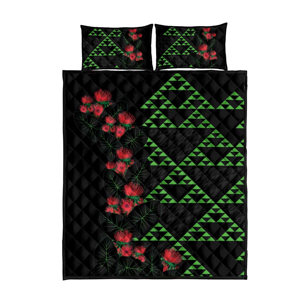 Hawaiian Green Kakau Art Tattoo-Ohia Lehua and Taro Leaves Quilt Bed Set LT03 - Polynesian Pride