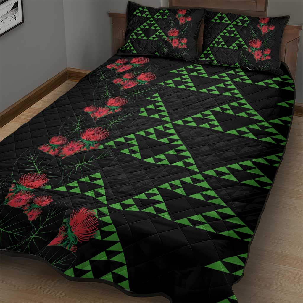 Hawaiian Green Kakau Art Tattoo-Ohia Lehua and Taro Leaves Quilt Bed Set LT03 - Polynesian Pride