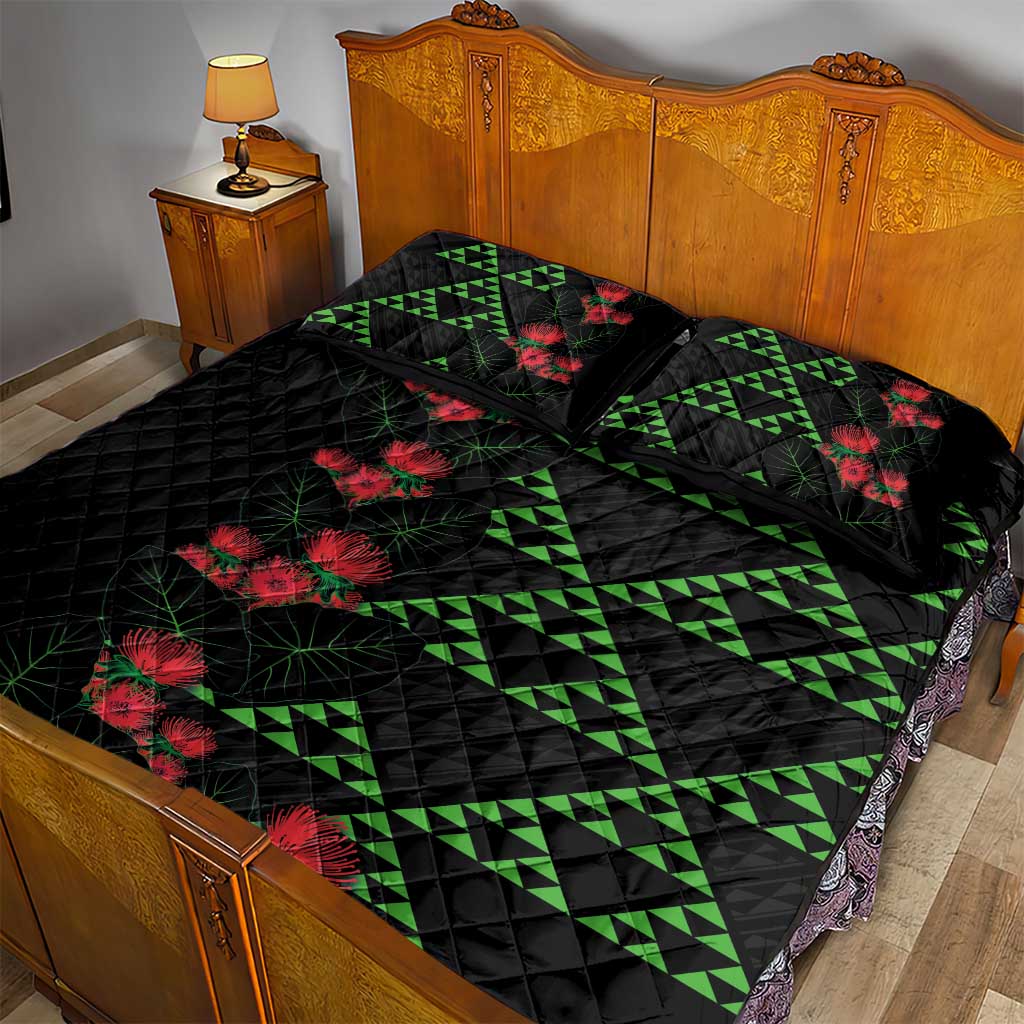 Hawaiian Green Kakau Art Tattoo-Ohia Lehua and Taro Leaves Quilt Bed Set LT03 - Polynesian Pride