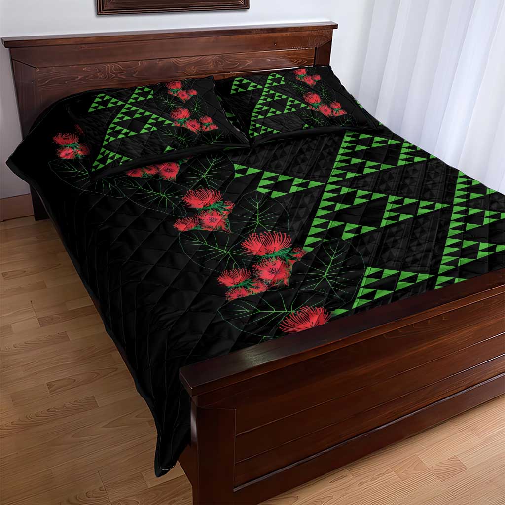 Hawaiian Green Kakau Art Tattoo-Ohia Lehua and Taro Leaves Quilt Bed Set LT03 - Polynesian Pride