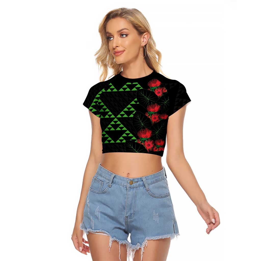 Hawaiian Green Kakau Art Tattoo-Ohia Lehua and Taro Leaves Raglan Cropped T Shirt LT03 Female Black-Green - Polynesian Pride