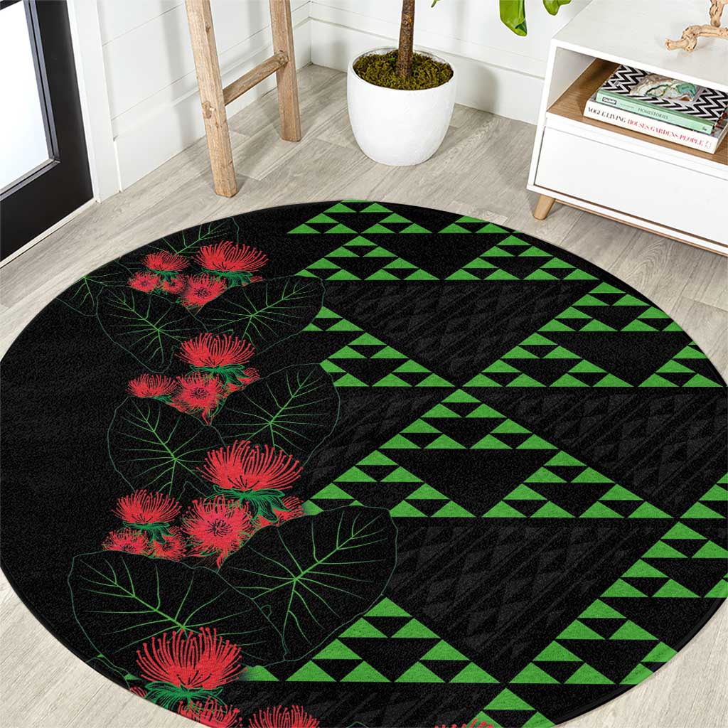 Hawaiian Green Kakau Art Tattoo-Ohia Lehua and Taro Leaves Round Carpet LT03 Black-Green - Polynesian Pride