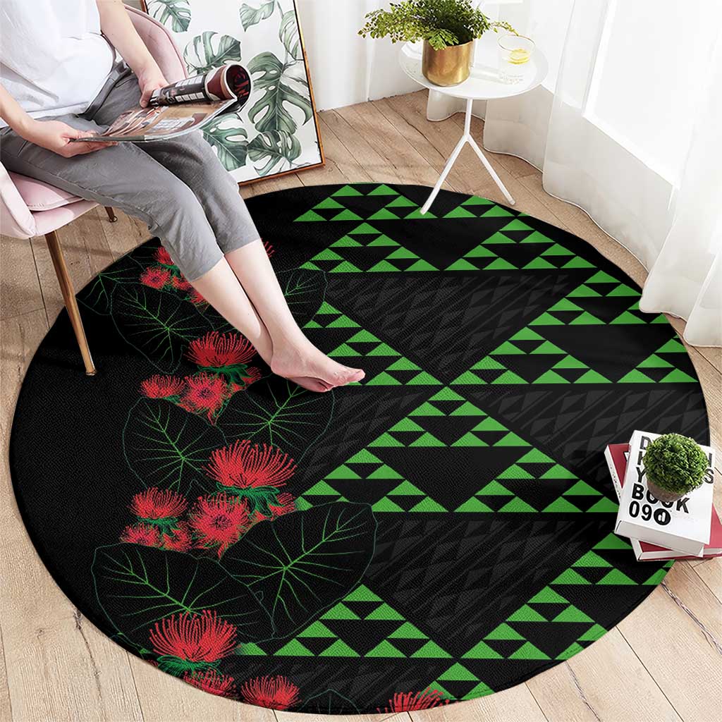 Hawaiian Green Kakau Art Tattoo-Ohia Lehua and Taro Leaves Round Carpet LT03 - Polynesian Pride