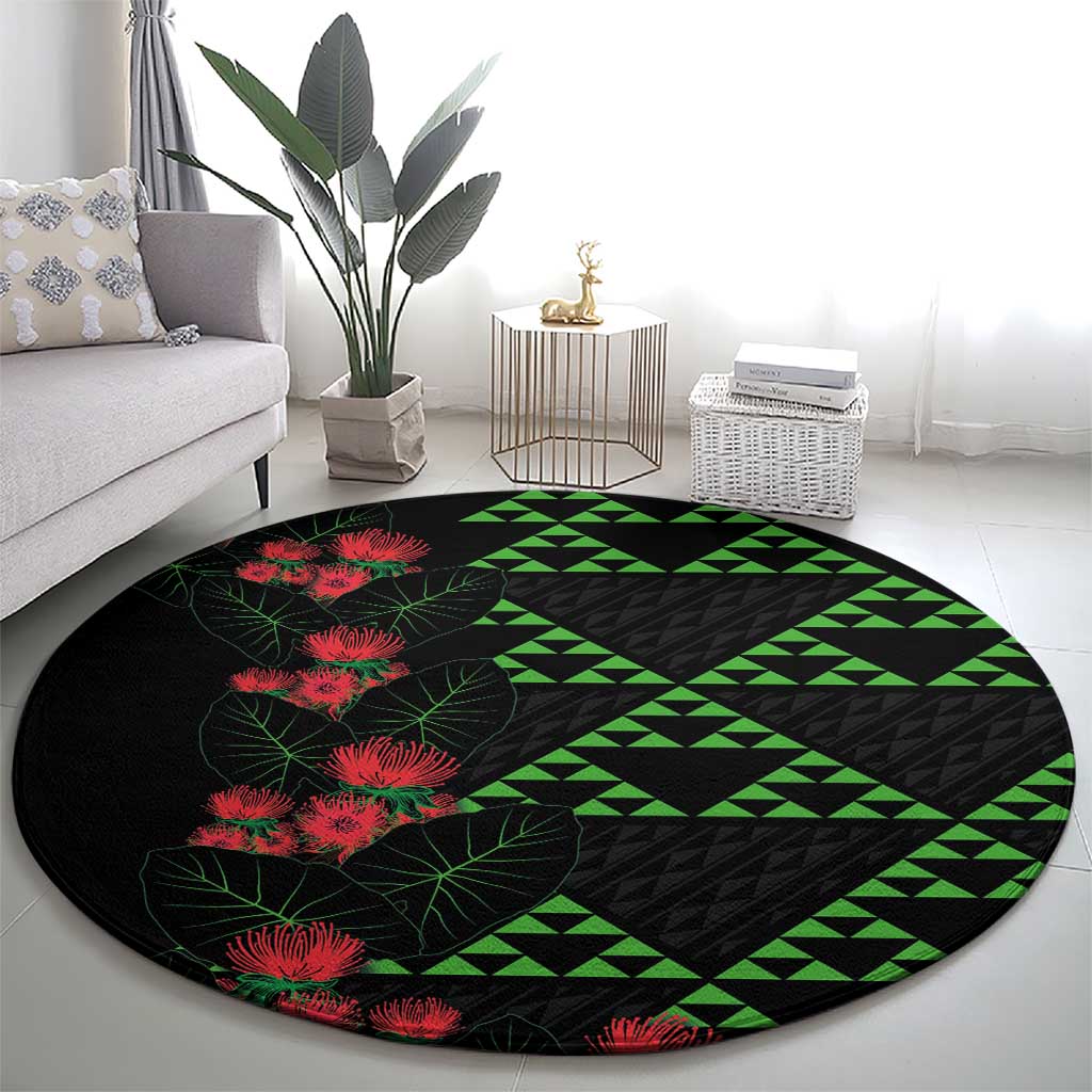 Hawaiian Green Kakau Art Tattoo-Ohia Lehua and Taro Leaves Round Carpet LT03 - Polynesian Pride