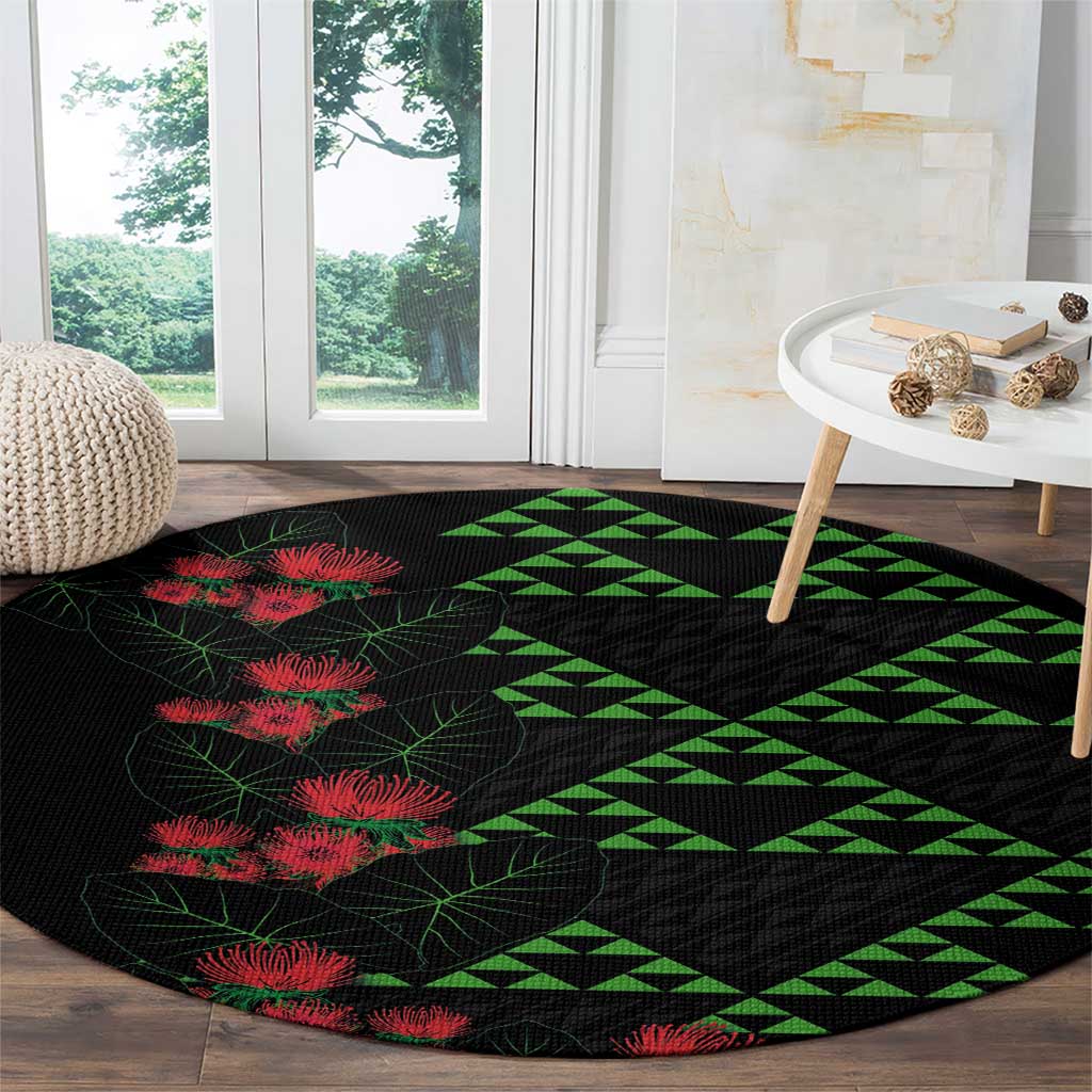 Hawaiian Green Kakau Art Tattoo-Ohia Lehua and Taro Leaves Round Carpet LT03 - Polynesian Pride