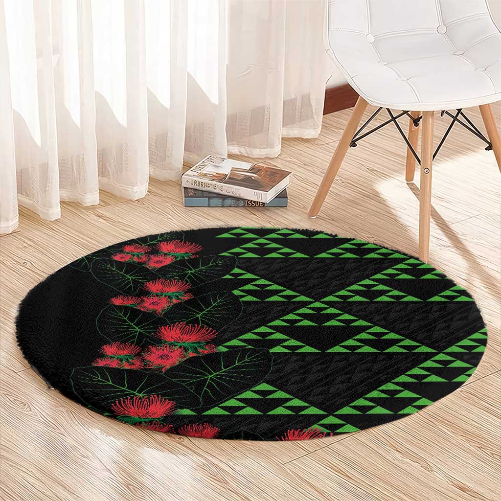 Hawaiian Green Kakau Art Tattoo-Ohia Lehua and Taro Leaves Round Carpet LT03 - Polynesian Pride