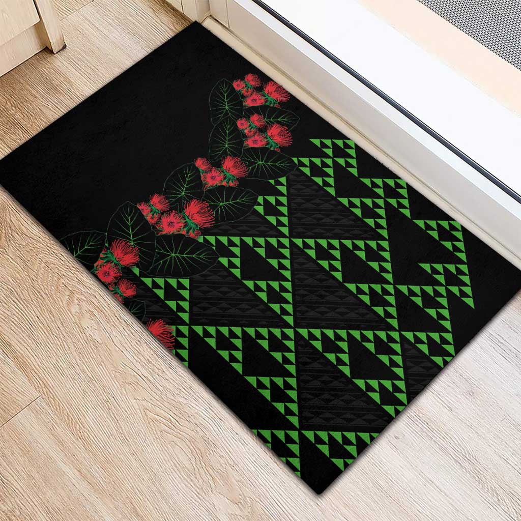 Hawaiian Green Kakau Art Tattoo-Ohia Lehua and Taro Leaves Rubber Doormat LT03 - Polynesian Pride