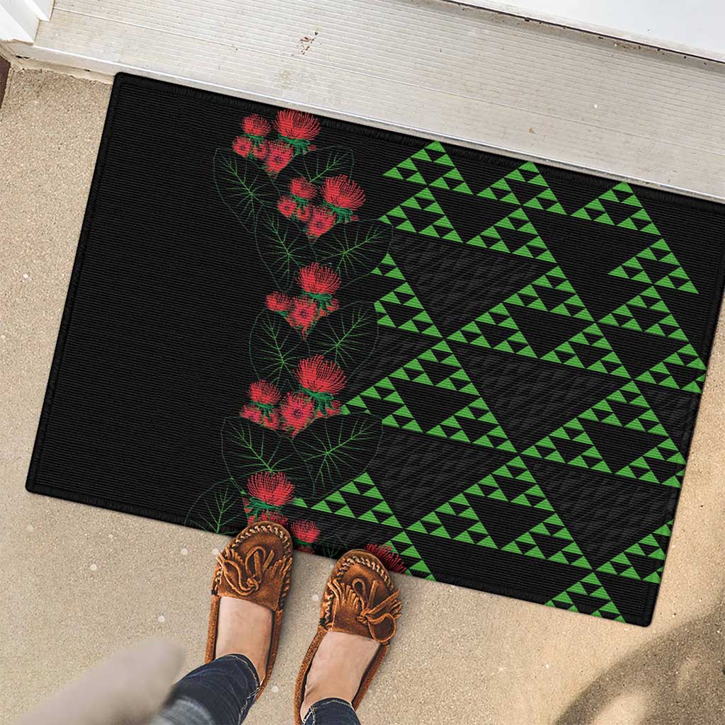 Hawaiian Green Kakau Art Tattoo-Ohia Lehua and Taro Leaves Rubber Doormat LT03 - Polynesian Pride