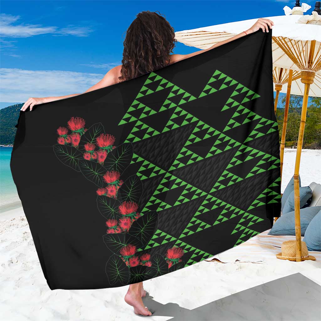 Hawaiian Green Kakau Art Tattoo-Ohia Lehua and Taro Leaves Sarong LT03 One Size 44 x 66 inches Black-Green - Polynesian Pride