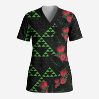 Hawaiian Green Kakau Art Tattoo-Ohia Lehua and Taro Leaves Scrub Top LT03 Adult Black-Green - Polynesian Pride