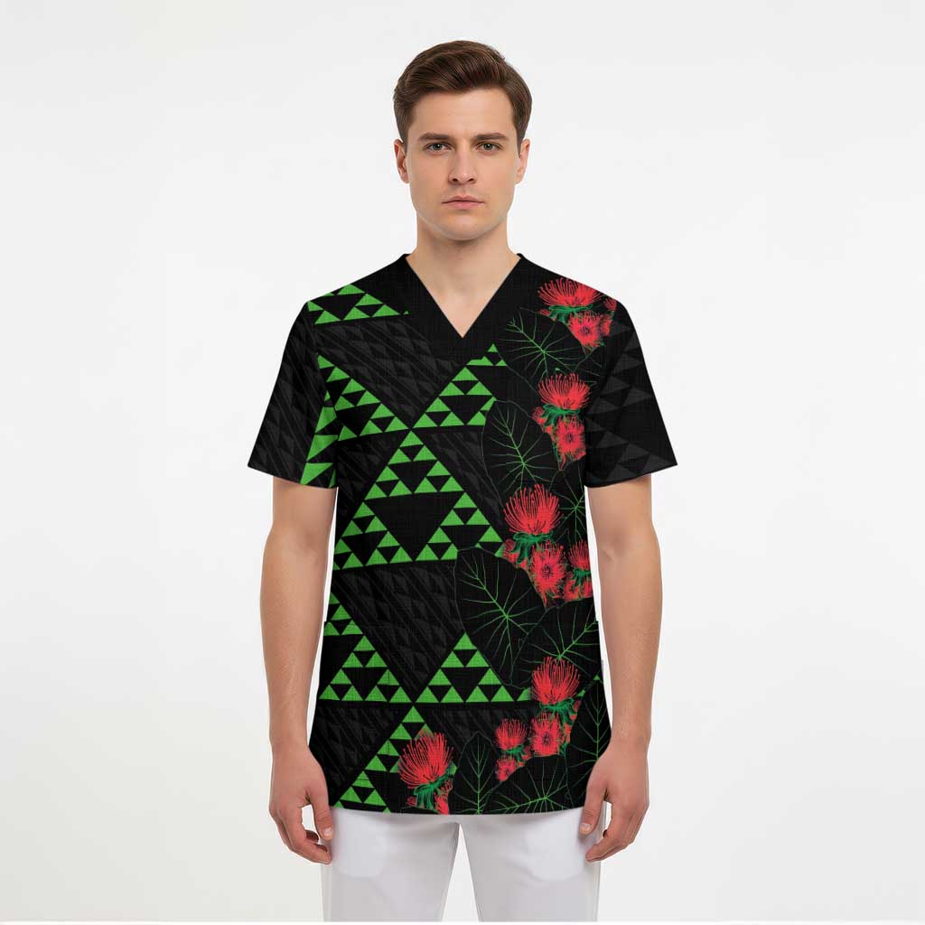 Hawaiian Green Kakau Art Tattoo-Ohia Lehua and Taro Leaves Scrub Top LT03 - Polynesian Pride