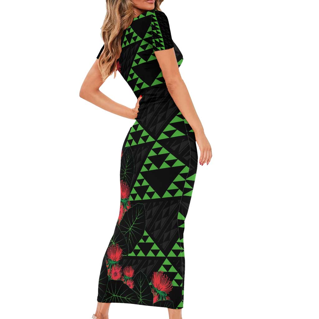 Hawaiian Green Kakau Art Tattoo-Ohia Lehua and Taro Leaves Short Sleeve Bodycon Dress LT03 - Polynesian Pride