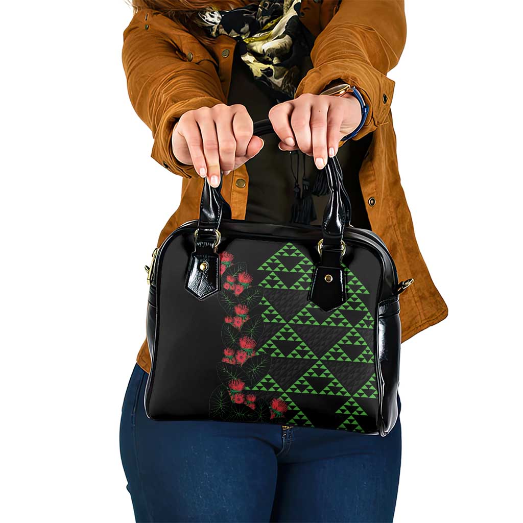 Hawaiian Green Kakau Art Tattoo-Ohia Lehua and Taro Leaves Shoulder Handbag LT03 One Size Black-Green - Polynesian Pride